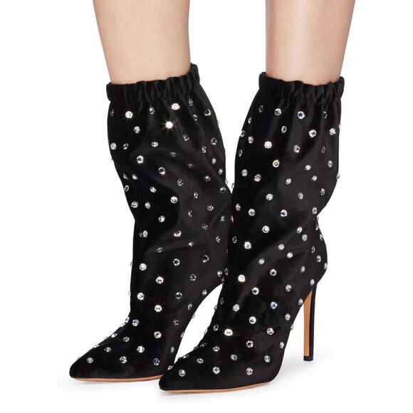 Valentino Garavani Black Velvet Crystal Rhinestone Pointed Toe Boots 40 - Picture 2 of 13